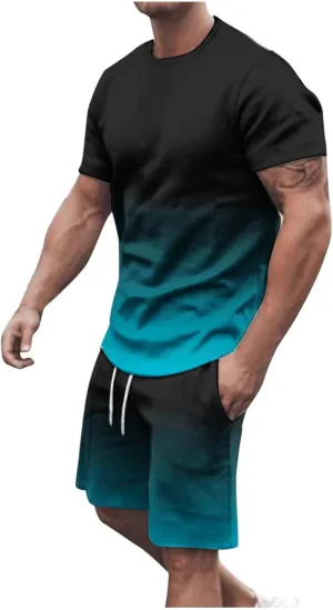 Sinzelimin Tracksuit for Mens 2025 Trendy Gradient Printed Short Sleeves Crewneck T-Shirts Tops and Shorts 2Piece Workout Set