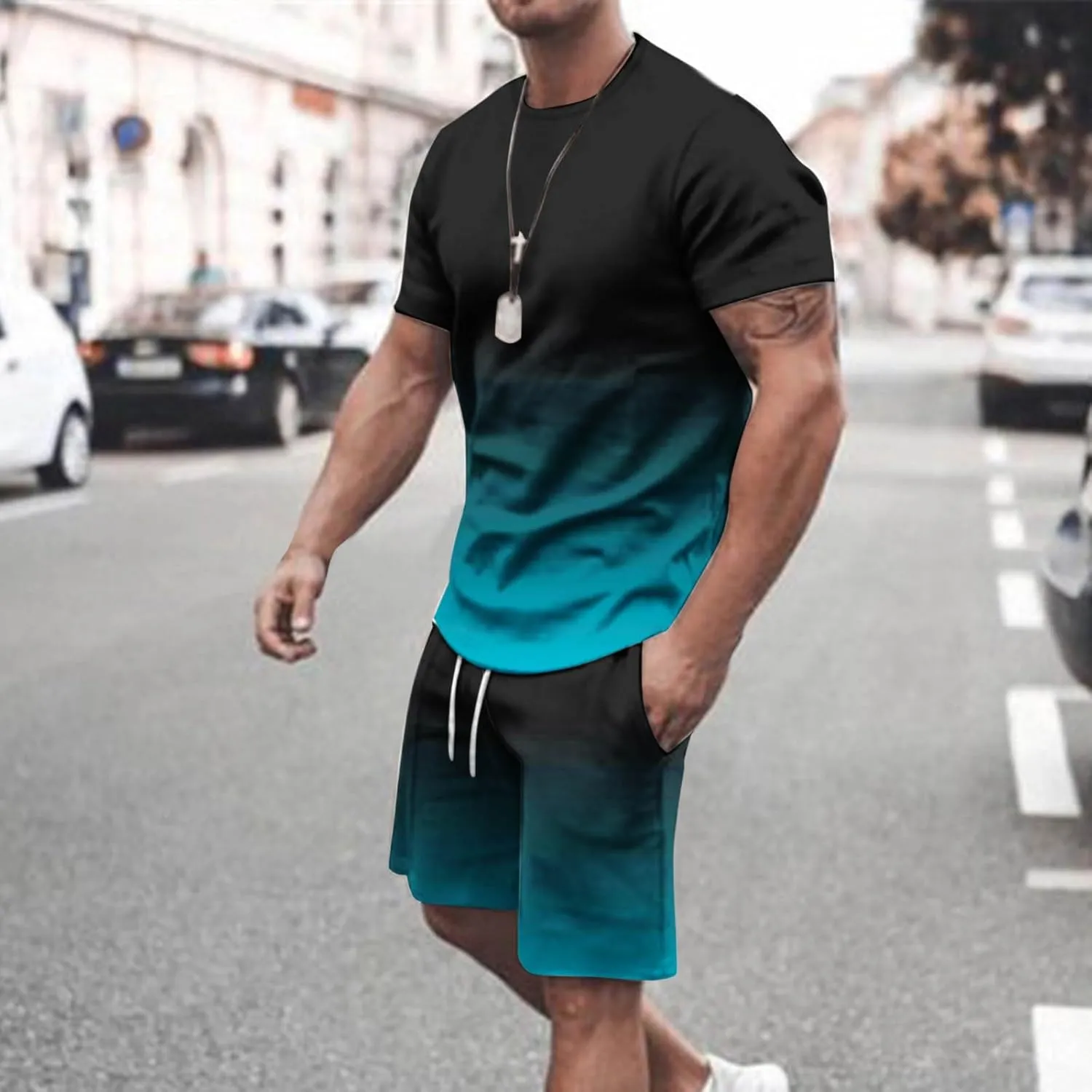 Sinzelimin Tracksuit for Mens 2025 Trendy Gradient Printed Short Sleeves Crewneck T-Shirts Tops and Shorts 2Piece Workout Set
