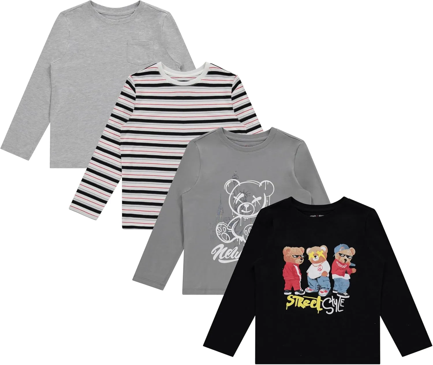Stitch & Stone Boys 4-Pack Long Sleeve Graphic Tops, Stylish and Comfortable Tees for Kids