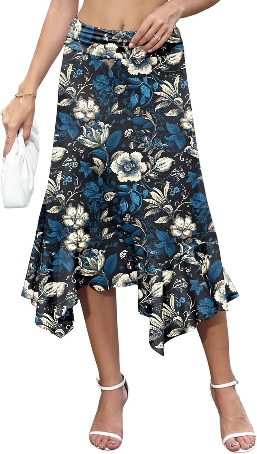 Stretchy High Waisted Midi Skirt for Women Handkerchief Hemline Soft Fit Flowy Summer Casual Skirts