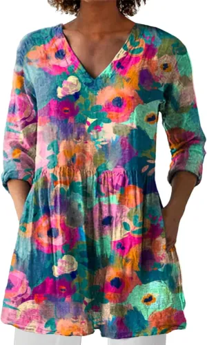 Summer 3/4 Sleeve Womens Tops V Neck Tunic Shirts Vintage Oversized T-Shirt Casual Baggy Boho Blouses Peasant Dress
