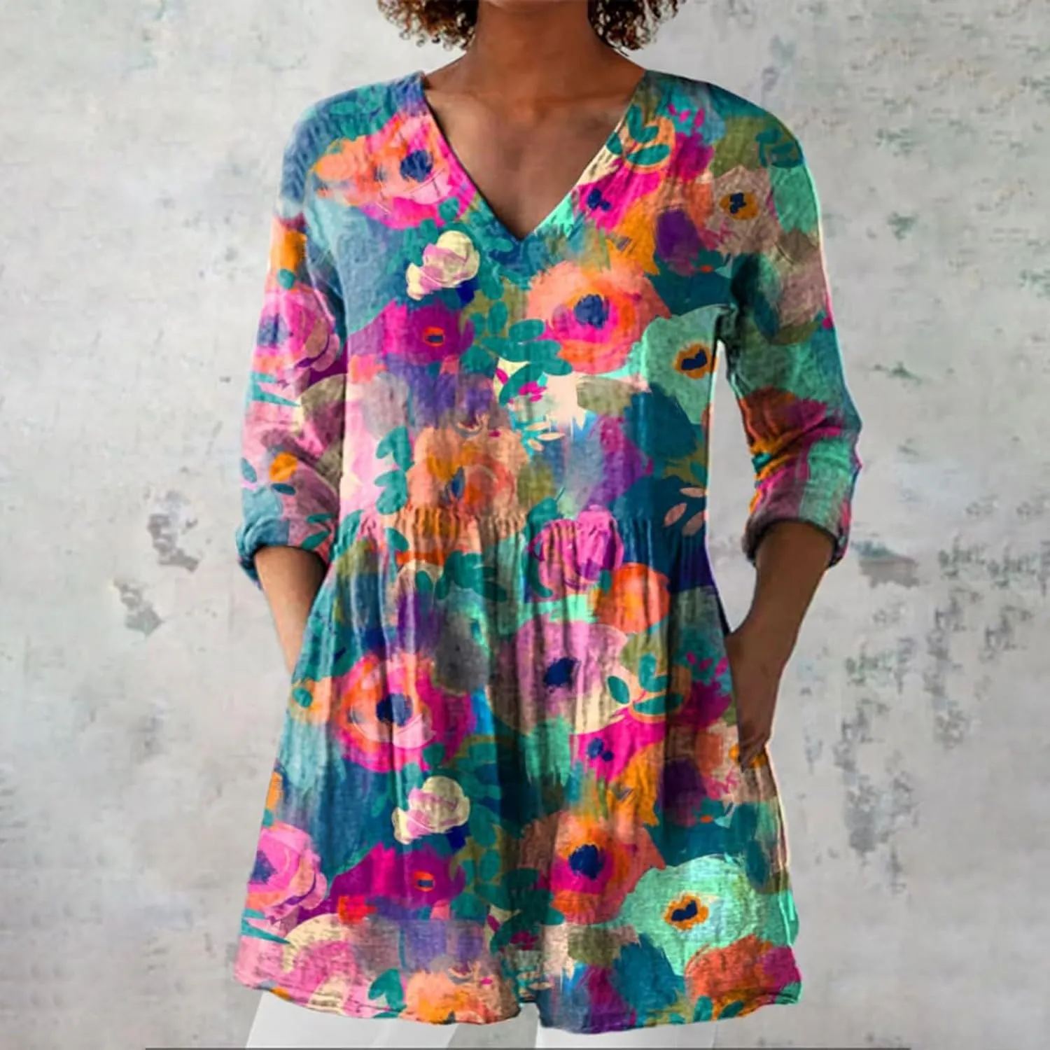 Summer 3/4 Sleeve Womens Tops V Neck Tunic Shirts Vintage Oversized T-Shirt Casual Baggy Boho Blouses Peasant Dress
