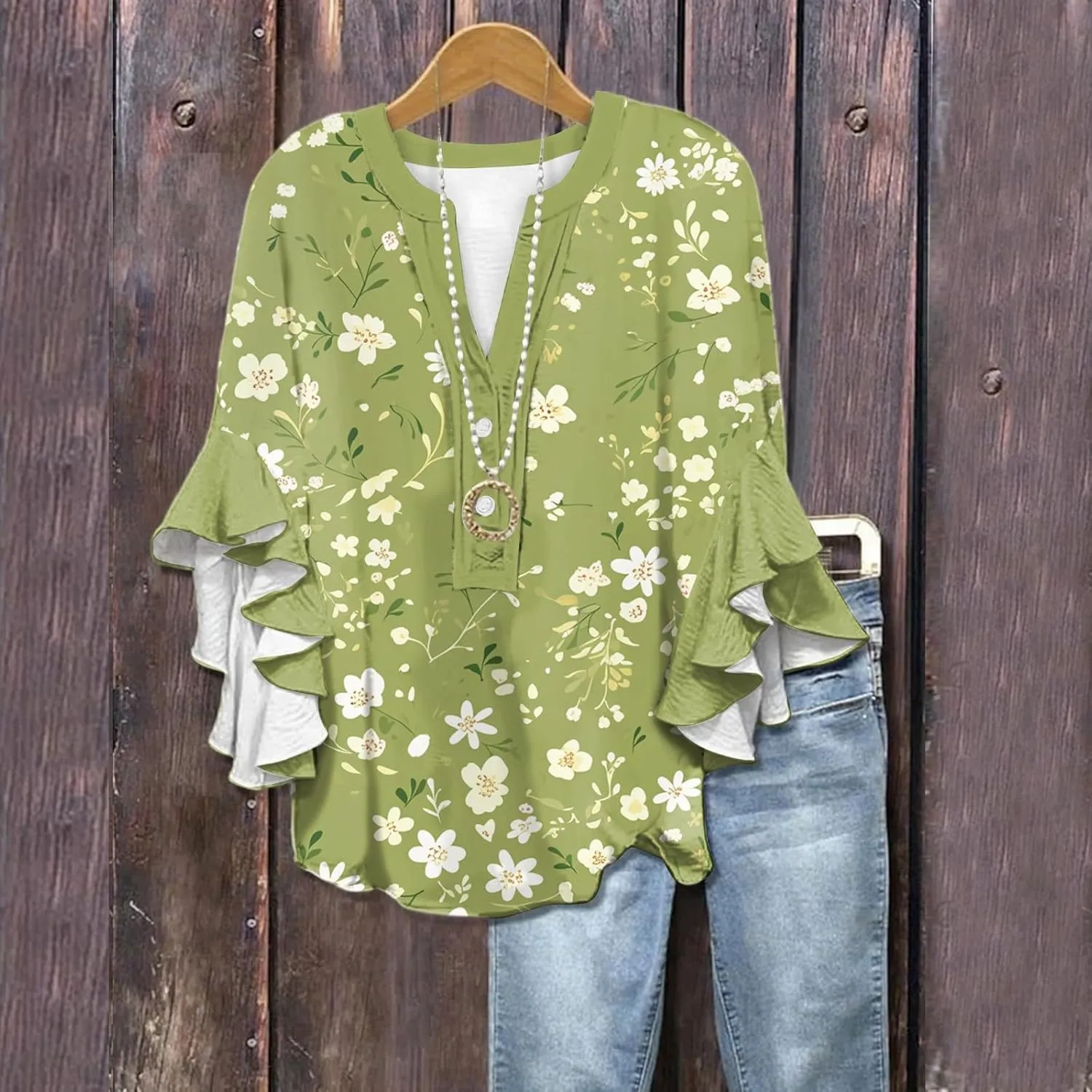 Surf Stylish 3/4 Sleeve Blouse Women Oversize Summer Loose Comfortable Tee Shirts Woman V Neck Print Tee