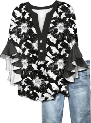 Surf Stylish 3/4 Sleeve Blouse Women Oversize Summer Loose Comfortable Tee Shirts Woman V Neck Print Tee