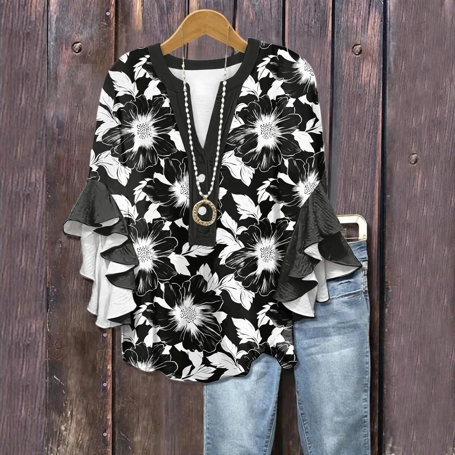 Surf Stylish 3/4 Sleeve Blouse Women Oversize Summer Loose Comfortable Tee Shirts Woman V Neck Print Tee
