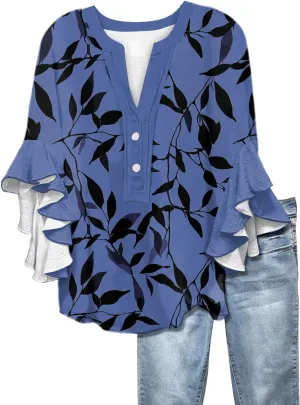Surf Stylish 3/4 Sleeve Blouse Women Oversize Summer Loose Comfortable Tee Shirts Woman V Neck Print Tee
