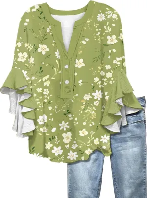 Surf Stylish 3/4 Sleeve Blouse Women Oversize Summer Loose Comfortable Tee Shirts Woman V Neck Print Tee