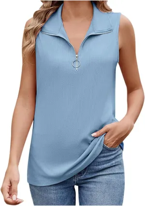 Tank Tops for Women 2025 Casual Zipper V Neck Lapel Sleeveless Blouses Solid Summer Vacation Beach Tunics Camisole