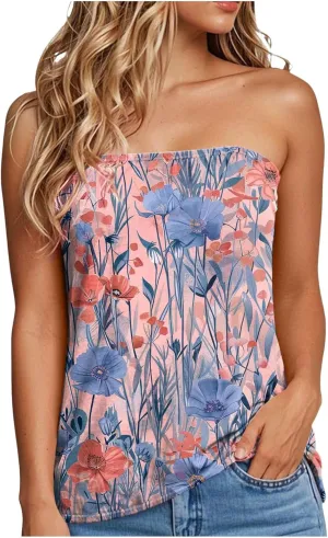 Tank Tops for Women 2025 Tube Tops Strapless Print Tanks Backless Sexy Casual Trendy Sleeveless Tshirts