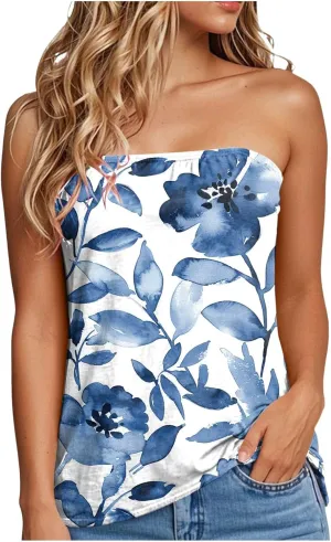Tank Tops for Women 2025 Tube Tops Strapless Print Tanks Backless Sexy Casual Trendy Sleeveless Tshirts