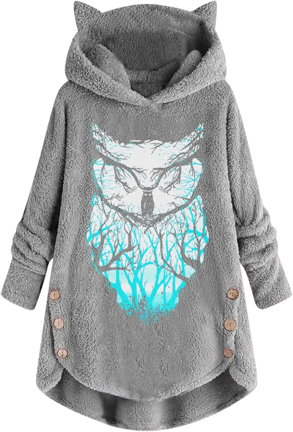 Trendy Hoodies for Women Owl Graphic Print Long Sleeve Buttons Cat Ear Tops Loose Comfortable Plush Sweatshirts