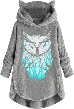 Trendy Hoodies for Women Owl Graphic Print Long Sleeve Buttons Cat Ear Tops Loose Comfortable Plush Sweatshirts