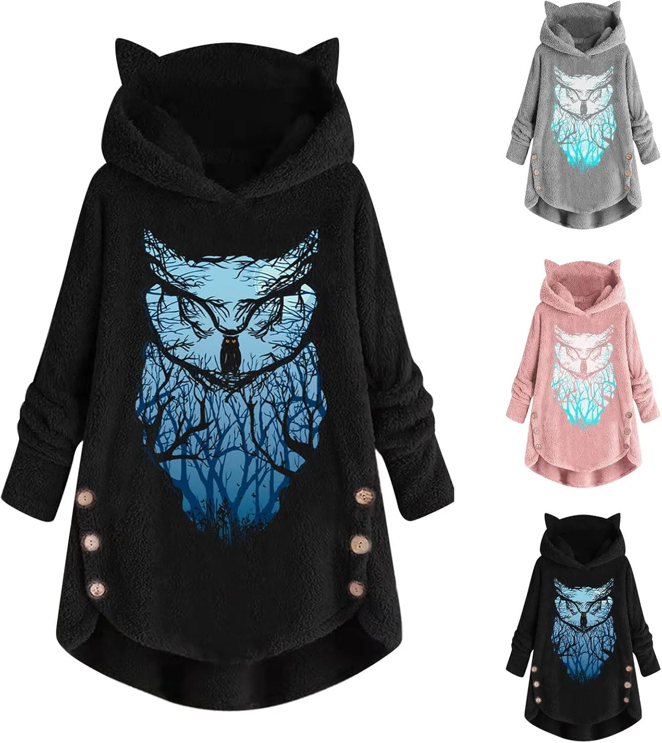 Trendy Hoodies for Women Owl Graphic Print Long Sleeve Buttons Cat Ear Tops Loose Comfortable Plush Sweatshirts