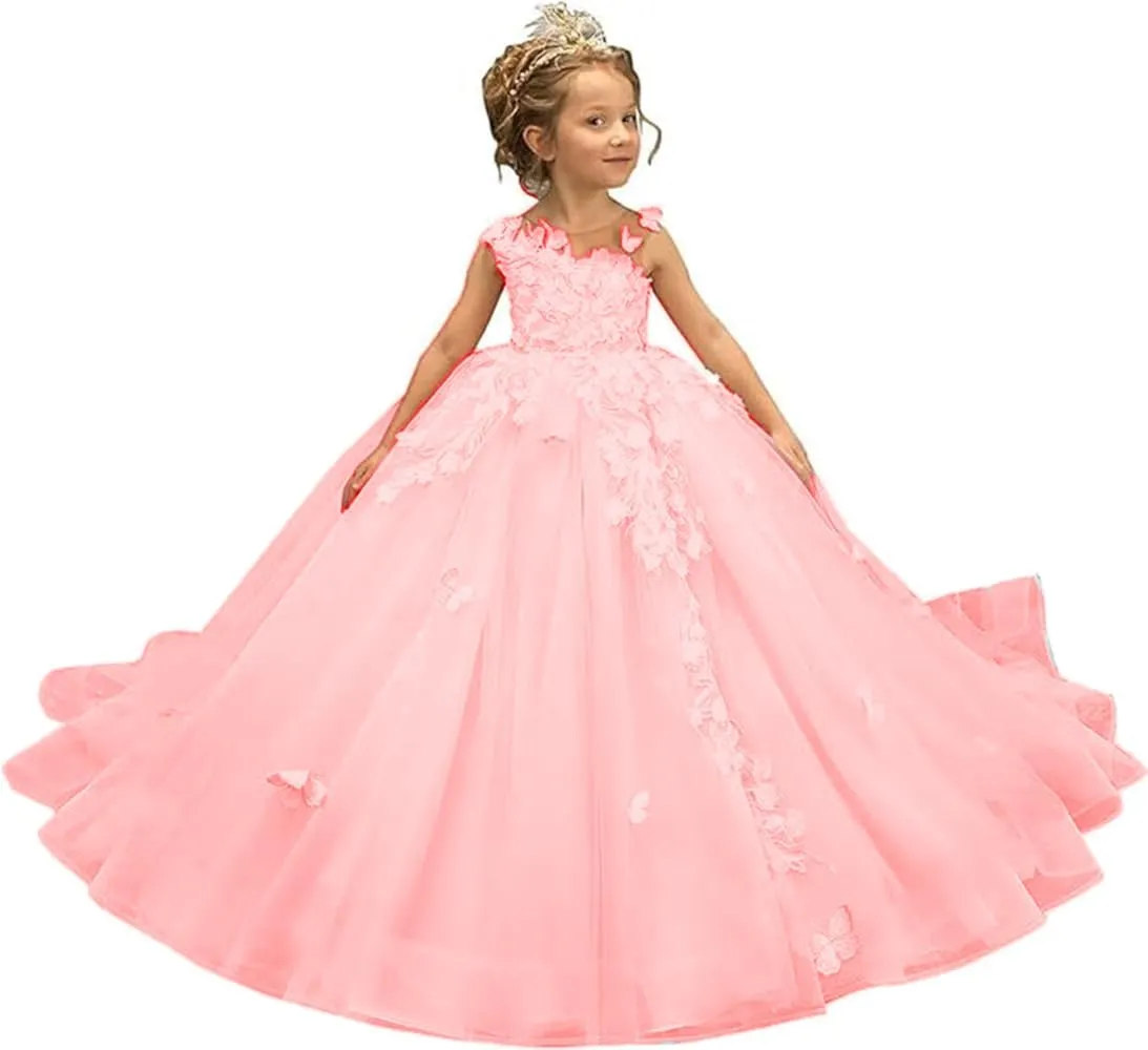 Tulle Flower Girl Dress 3D Butterfly First Communion Dress for Girls Appliques Pageant Dresses Ball Gown