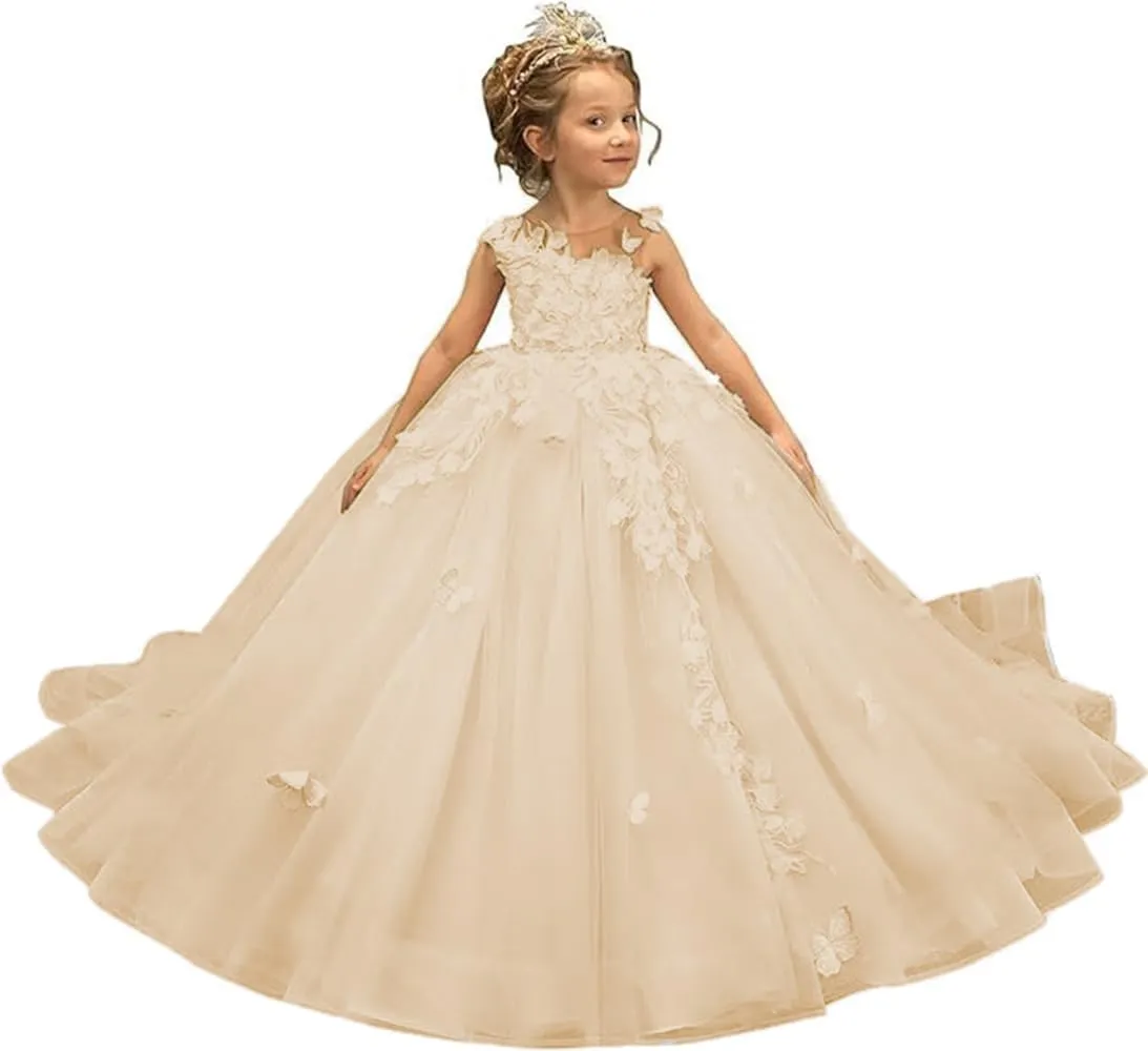 Tulle Flower Girl Dress 3D Butterfly First Communion Dress for Girls Appliques Pageant Dresses Ball Gown