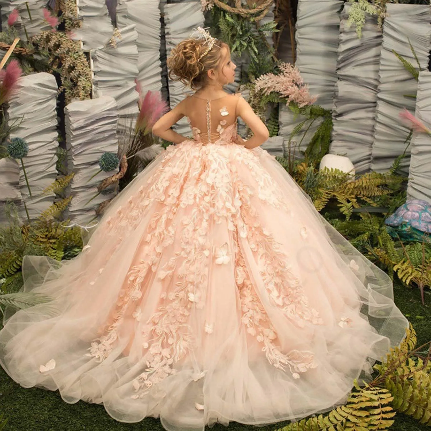 Tulle Flower Girl Dress 3D Butterfly First Communion Dress for Girls Appliques Pageant Dresses Ball Gown