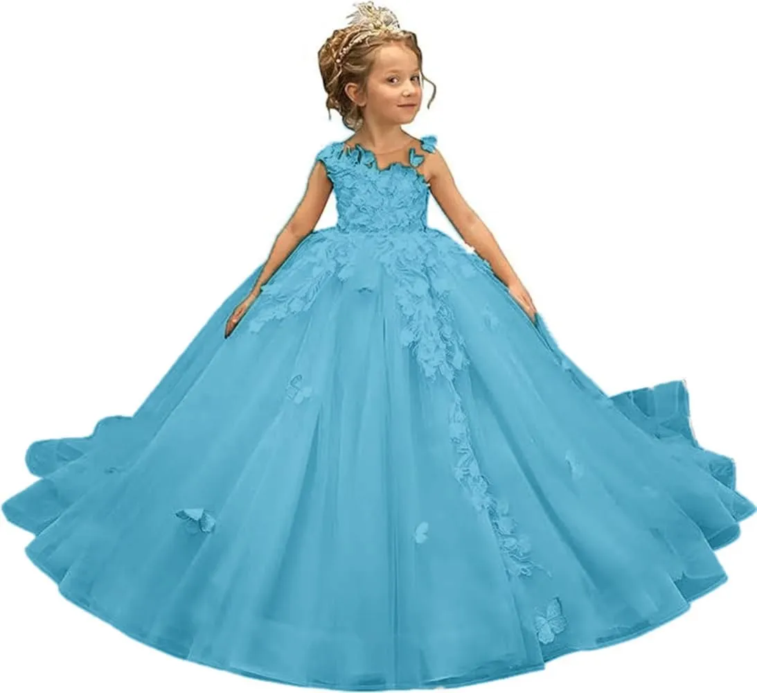 Tulle Flower Girl Dress 3D Butterfly First Communion Dress for Girls Appliques Pageant Dresses Ball Gown