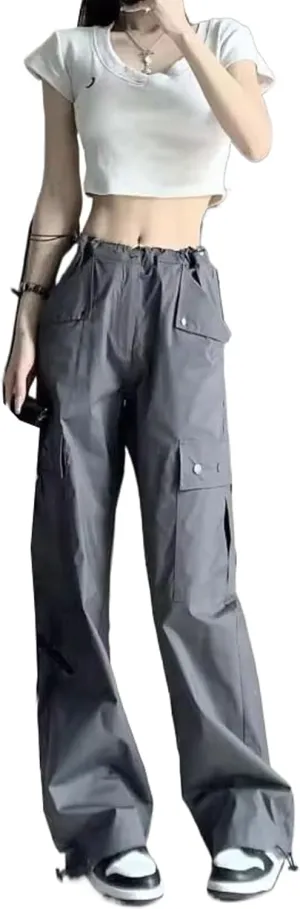Vintage Workwear Pants Women High Waist Straight Wide Leg Casual Trousers Appear High Nine Points