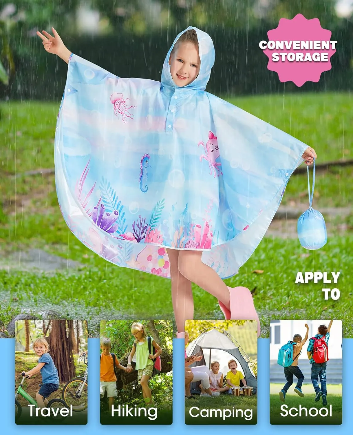 WAWSAM Lightweight Kids Rain Poncho Reusable Toddler Raincoat Waterproof Rain Jacket