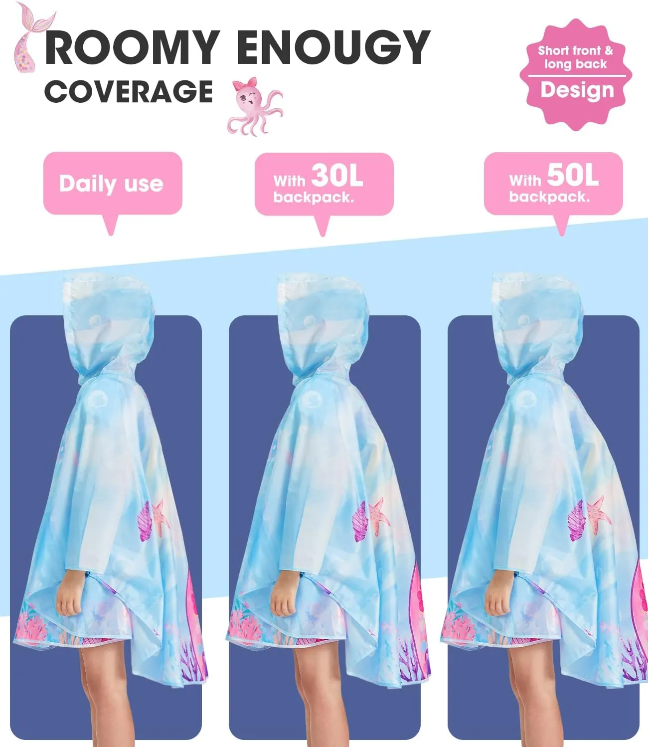 WAWSAM Lightweight Kids Rain Poncho Reusable Toddler Raincoat Waterproof Rain Jacket