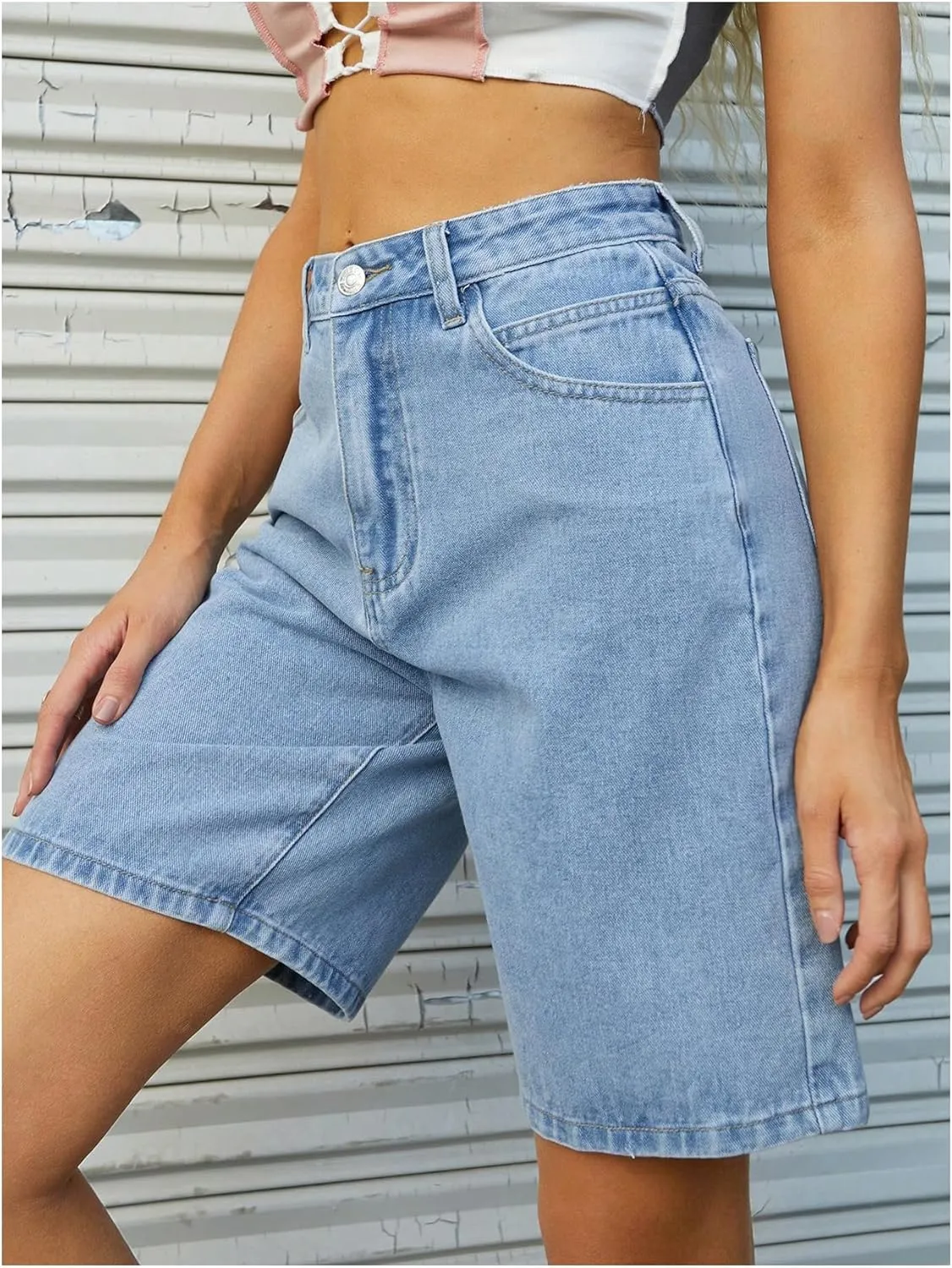 WDIRARA Women's Bow Print Bermuda Jean Shorts Y2k High Waisted Baggy Denim Shorts