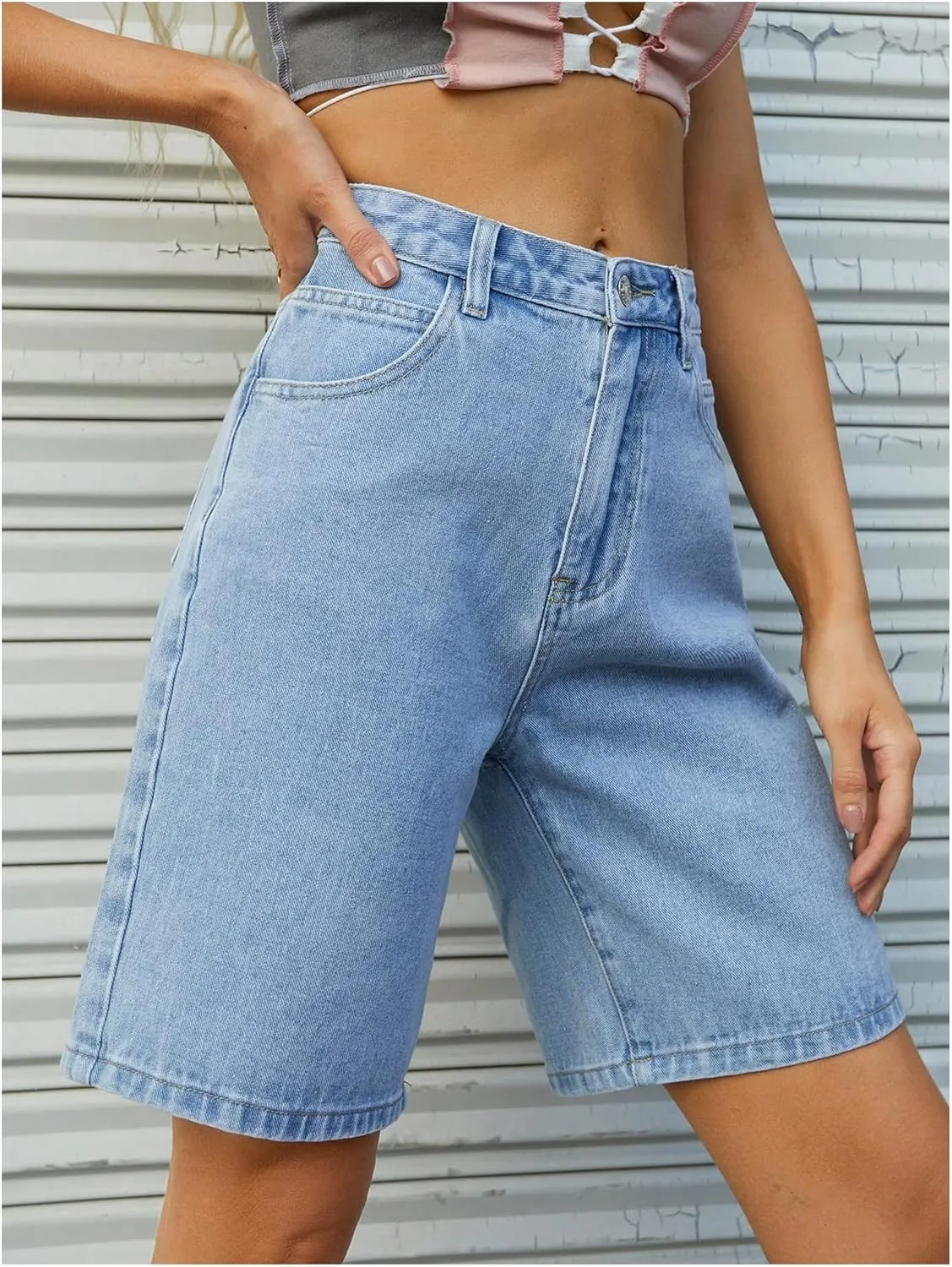 WDIRARA Women's Bow Print Bermuda Jean Shorts Y2k High Waisted Baggy Denim Shorts