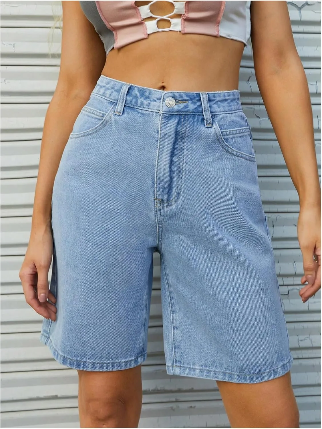 WDIRARA Women's Bow Print Bermuda Jean Shorts Y2k High Waisted Baggy Denim Shorts