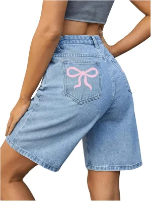 WDIRARA Women's Bow Print Bermuda Jean Shorts Y2k High Waisted Baggy Denim Shorts