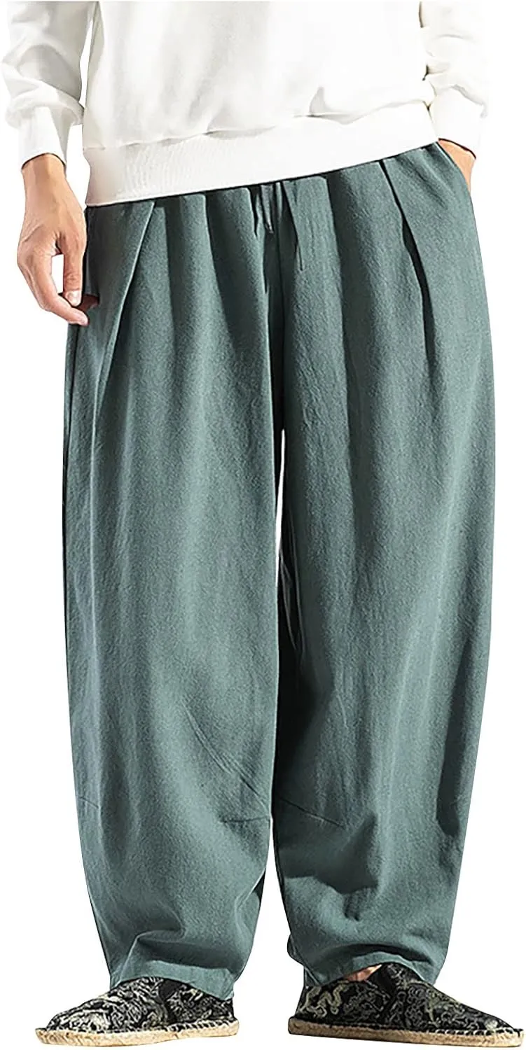 WENKOMG1 Cotton Linen Trousers for Men,Drawstring Baggy Style Yoga Pants Loose Fit Bottoms Lightweight Breathable Slacks