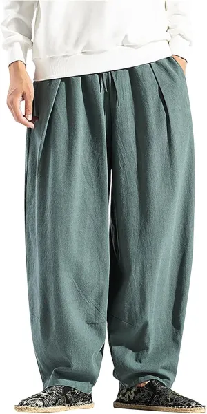 WENKOMG1 Cotton Linen Trousers for Men,Drawstring Baggy Style Yoga Pants Loose Fit Bottoms Lightweight Breathable Slacks
