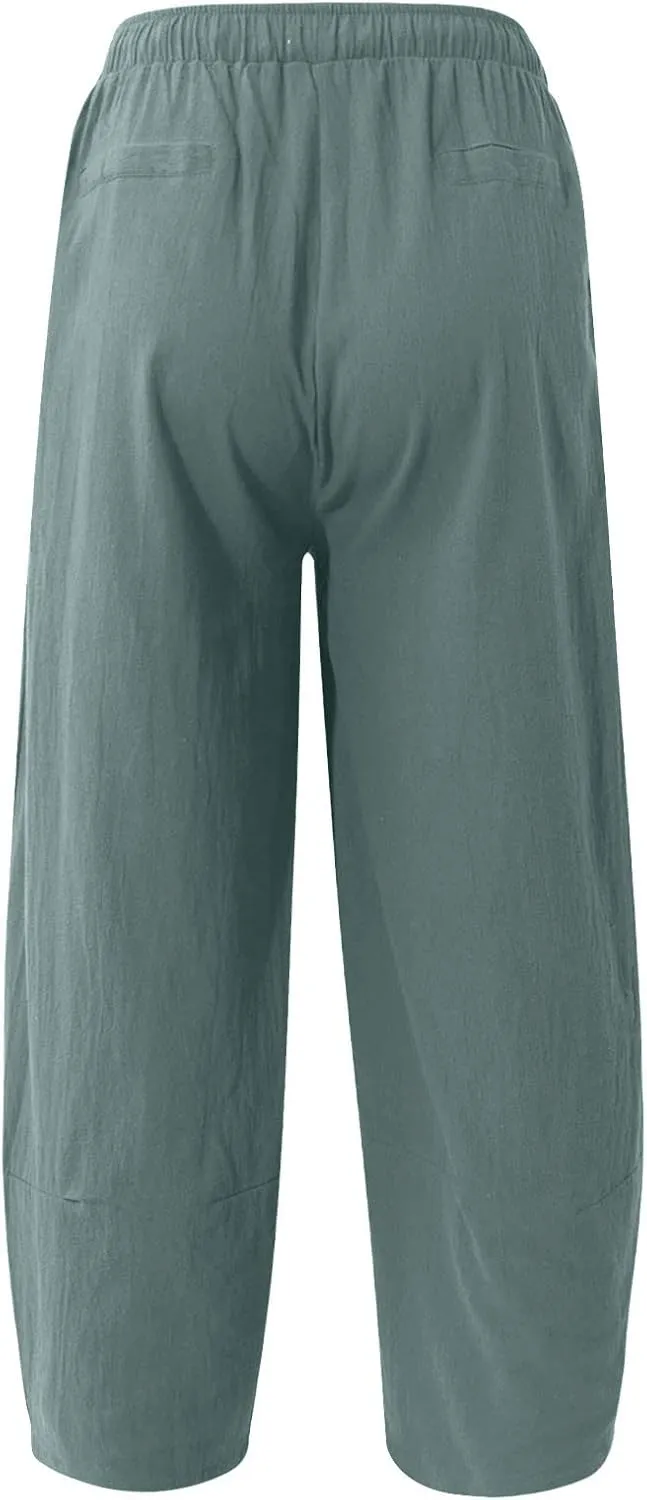 WENKOMG1 Cotton Linen Trousers for Men,Drawstring Baggy Style Yoga Pants Loose Fit Bottoms Lightweight Breathable Slacks