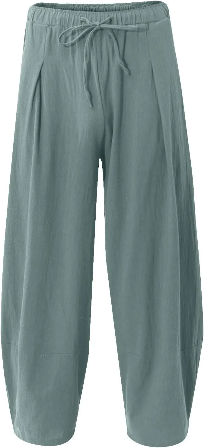 WENKOMG1 Cotton Linen Trousers for Men,Drawstring Baggy Style Yoga Pants Loose Fit Bottoms Lightweight Breathable Slacks
