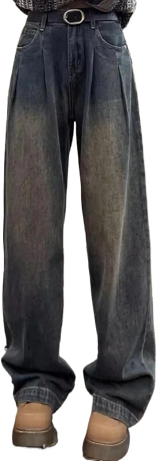 Woman High Waist Loose Wide Leg Pants Female Straight Leg Jeans Retro Denim Trousers