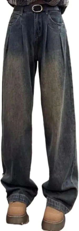 Woman High Waist Loose Wide Leg Pants Female Straight Leg Jeans Retro Denim Trousers