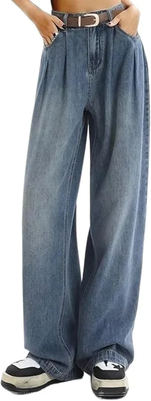 Woman High Waist Loose Wide Leg Pants Female Straight Leg Jeans Retro Denim Trousers