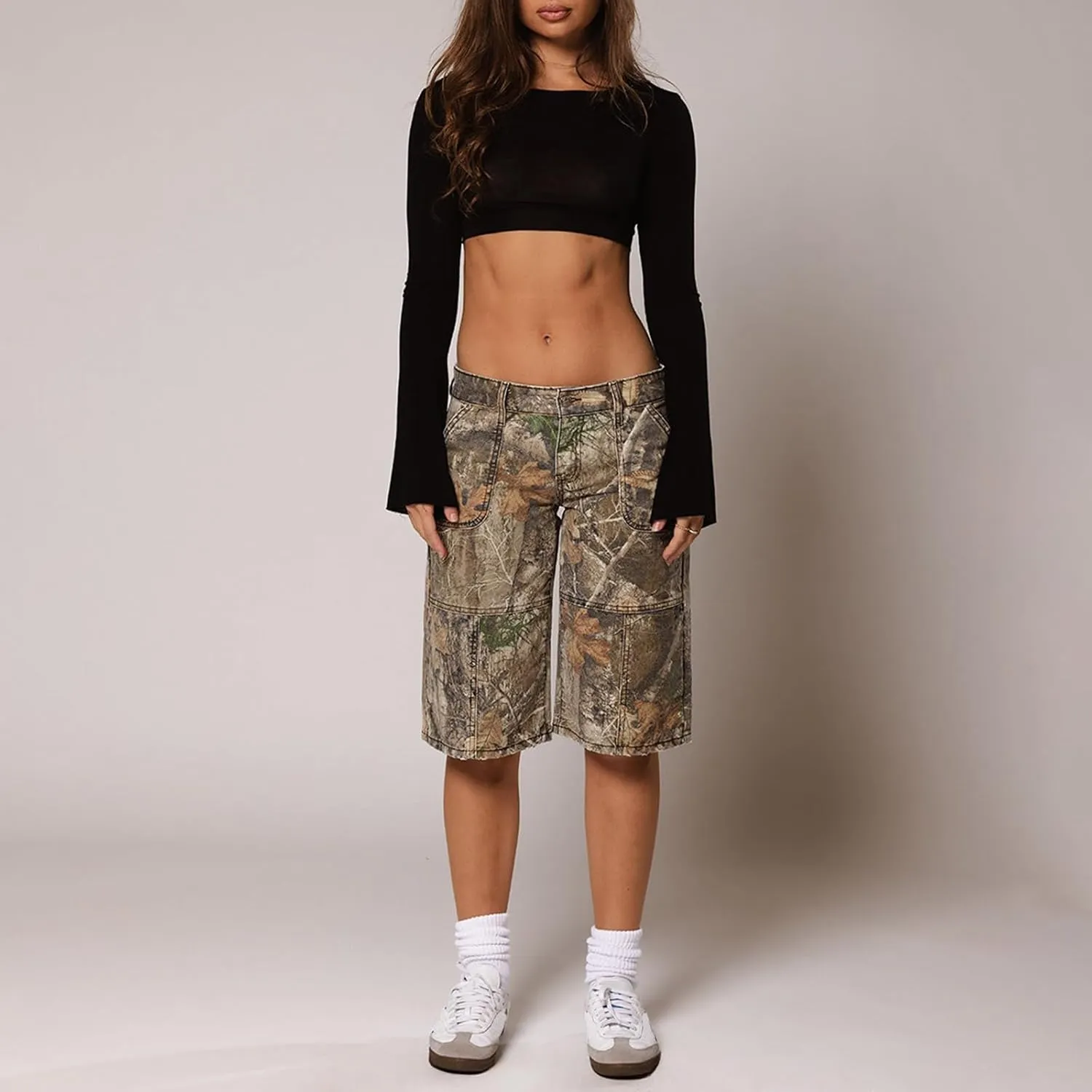 Women Camo Shorts Y2K Maple-Leaf Baggy Jorts Casual Long Jean Shorts Bermuda Shorts with Pocket Hiking Shorts
