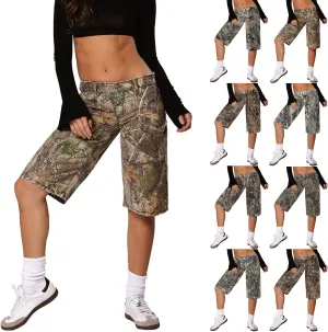 Women Camo Shorts Y2K Maple-Leaf Baggy Jorts Casual Long Jean Shorts Bermuda Shorts with Pocket Hiking Shorts