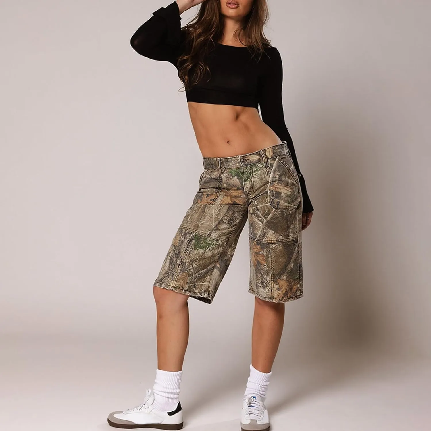 Women Camo Shorts Y2K Maple-Leaf Baggy Jorts Casual Long Jean Shorts Bermuda Shorts with Pocket Hiking Shorts