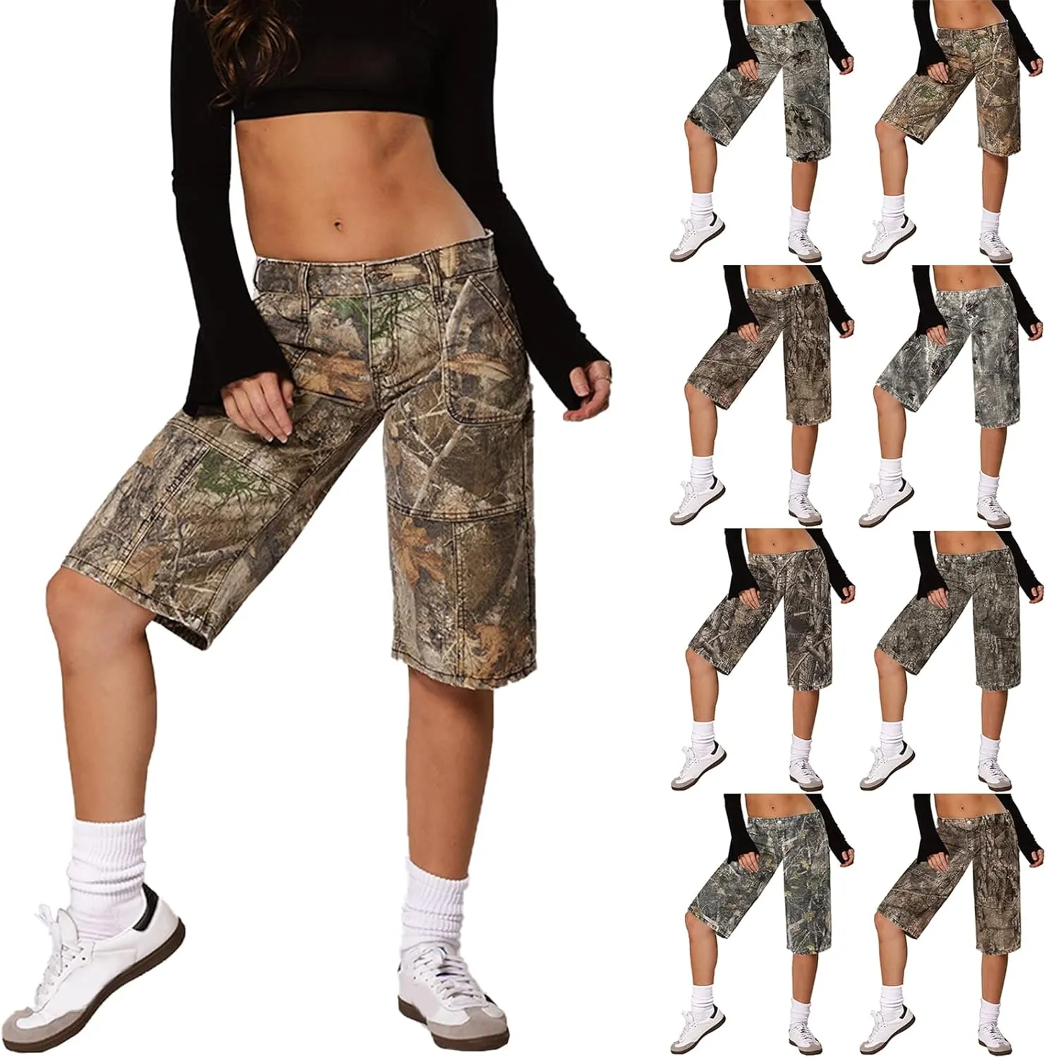 Women Camo Shorts Y2K Maple-Leaf Baggy Jorts Casual Long Jean Shorts Bermuda Shorts with Pocket Hiking Shorts