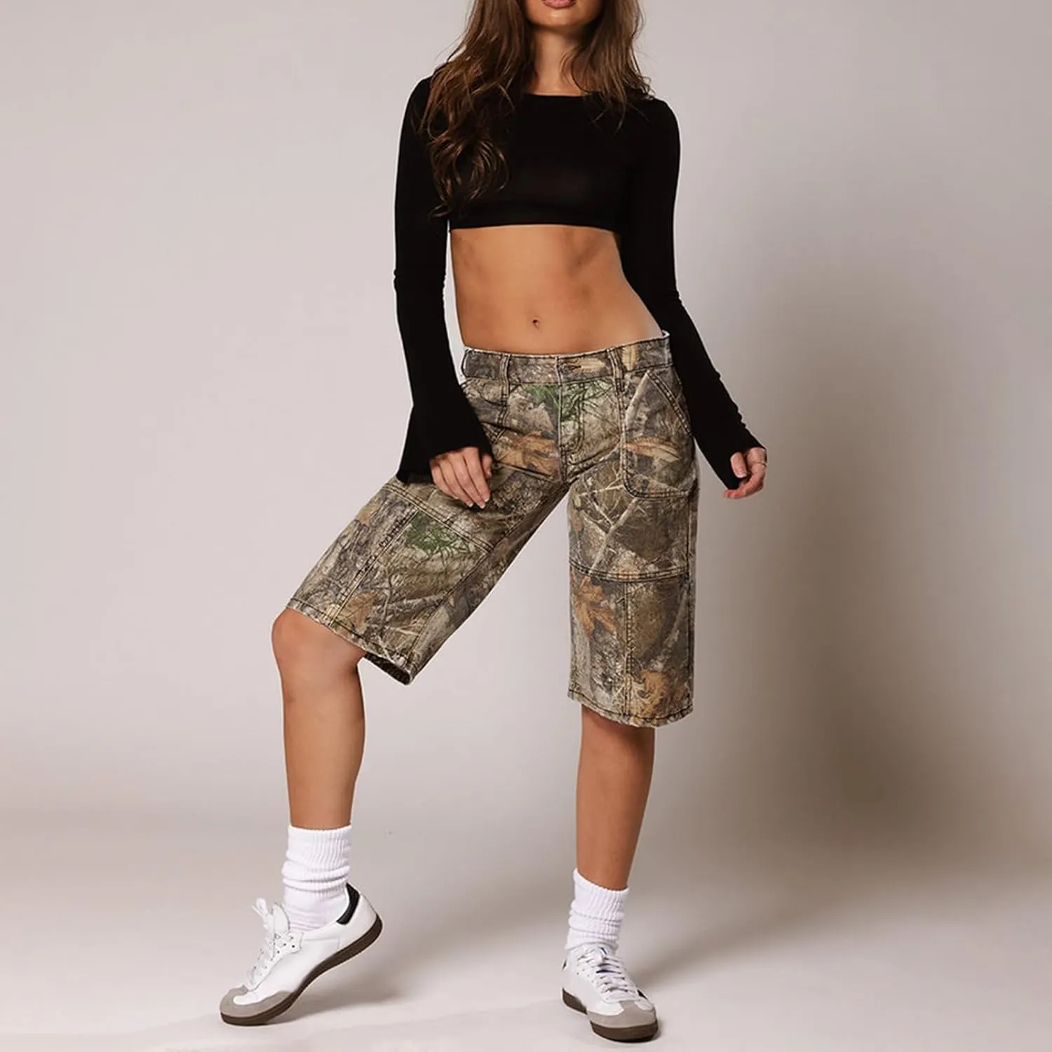 Women Camo Shorts Y2K Maple-Leaf Baggy Jorts Casual Long Jean Shorts Bermuda Shorts with Pocket Hiking Shorts