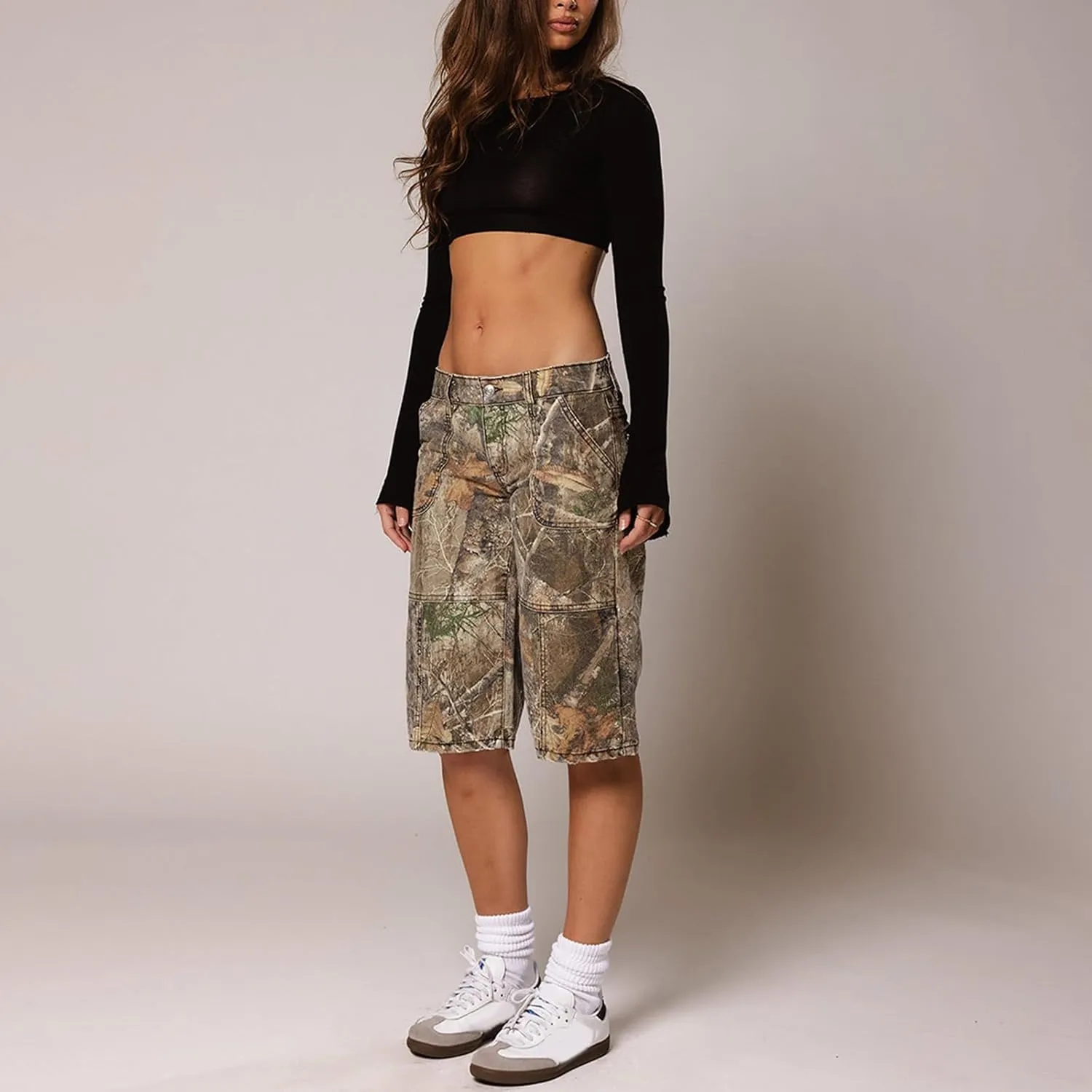 Women Camo Shorts Y2K Maple-Leaf Baggy Jorts Casual Long Jean Shorts Bermuda Shorts with Pocket Hiking Shorts