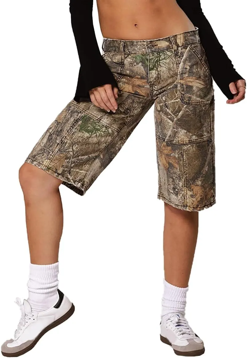 Women Camo Shorts Y2K Maple-Leaf Baggy Jorts Casual Long Jean Shorts Bermuda Shorts with Pocket Hiking Shorts