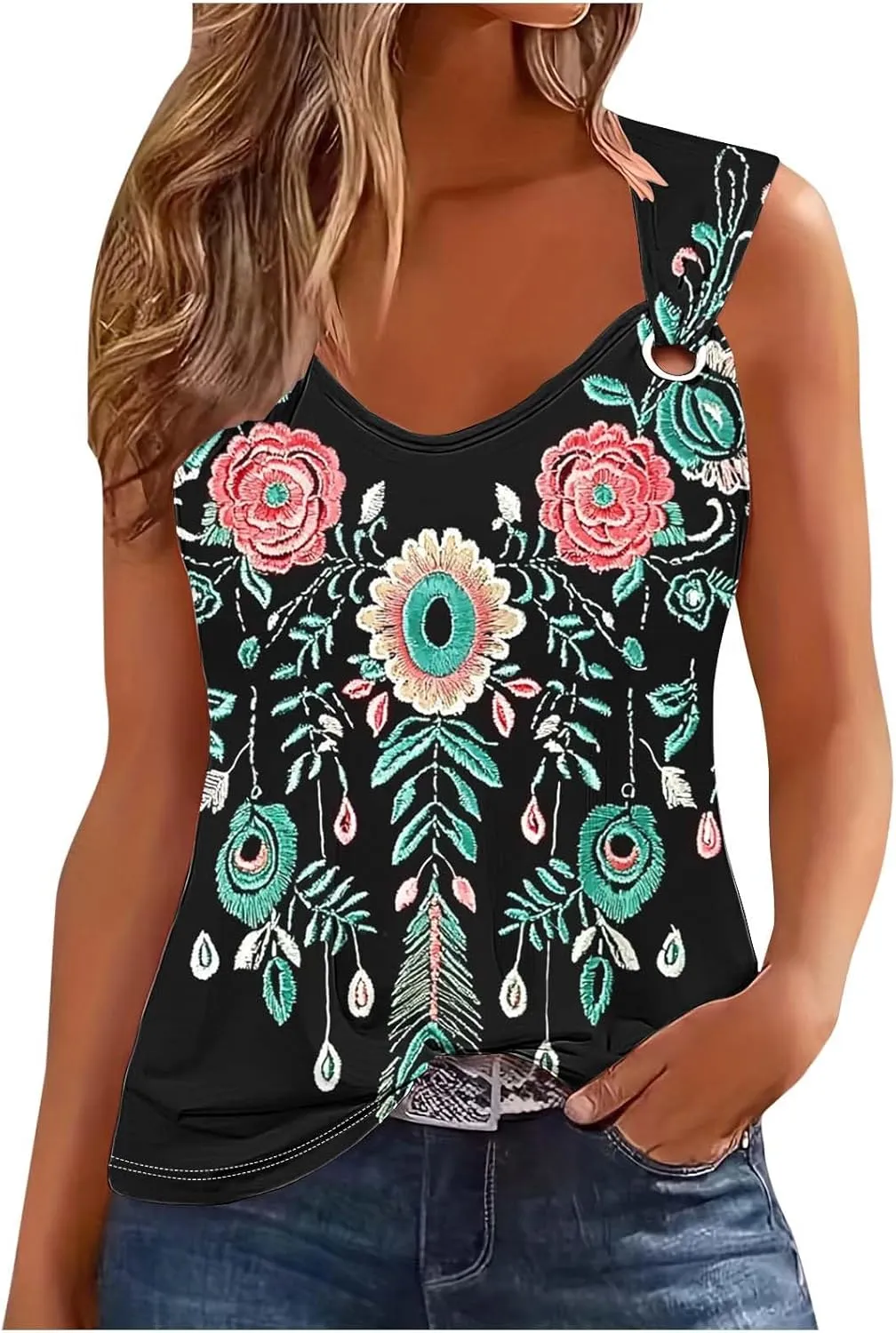Women Cotton Eyelet Tank Top Cozy Wide Strap Tee Shirt Flowy Loose Sleeveless Tshirts Lightweight Soft Blouse for Summer