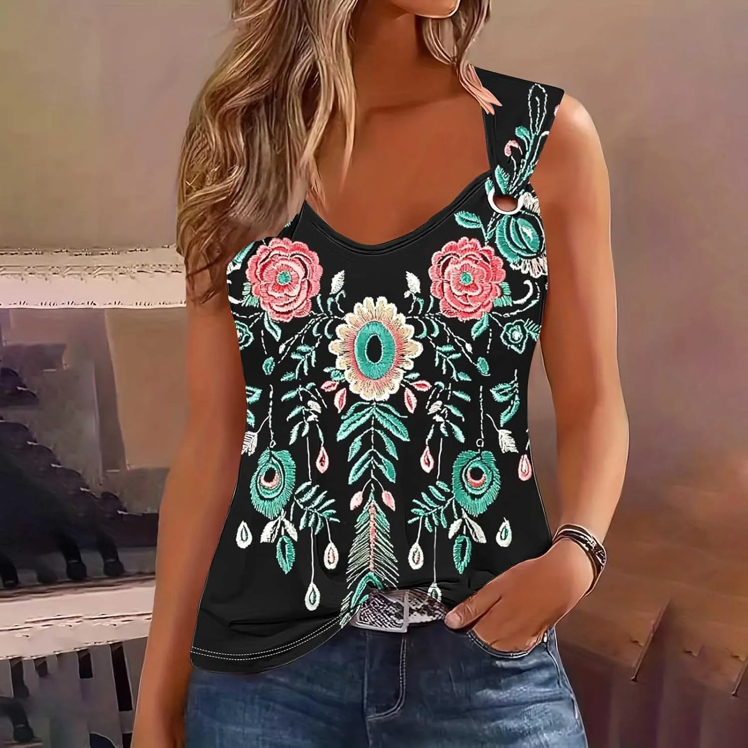 Women Cotton Eyelet Tank Top Cozy Wide Strap Tee Shirt Flowy Loose Sleeveless Tshirts Lightweight Soft Blouse for Summer