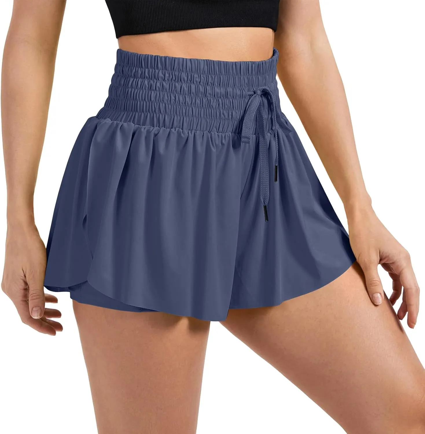 Women Flowy Athletic Shorts 2 in 1 Running Shorts with Pocket High Waisted Butterfly Shorts Workout Tennis Shorts
