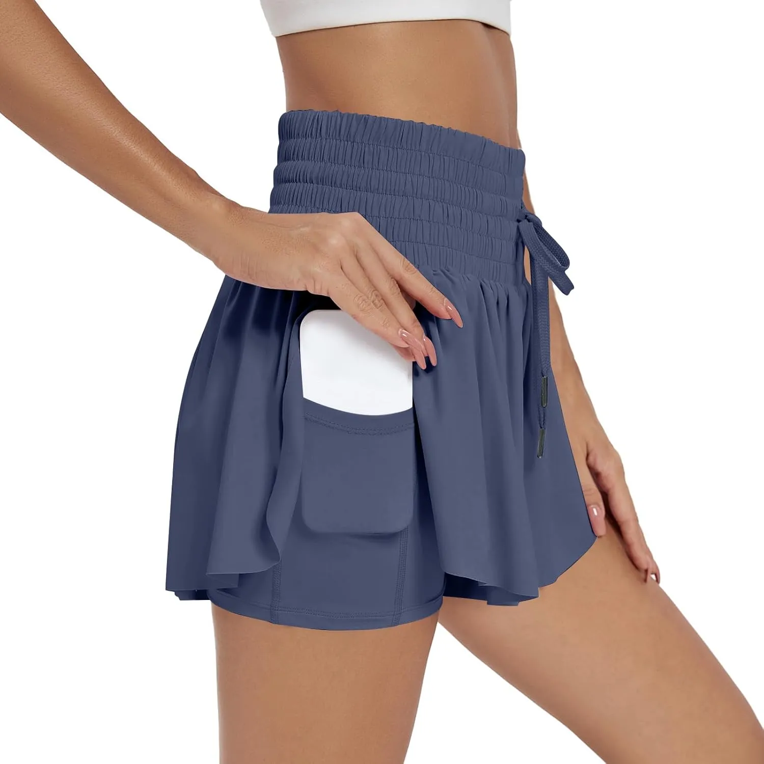 Women Flowy Athletic Shorts 2 in 1 Running Shorts with Pocket High Waisted Butterfly Shorts Workout Tennis Shorts