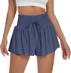 Women Flowy Athletic Shorts 2 in 1 Running Shorts with Pocket High Waisted Butterfly Shorts Workout Tennis Shorts