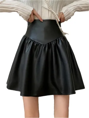 Women Mini Pleated Black Brown Soft Pu Leather Skirt High Waist Preppy Style A Line Faux Leather Skirts