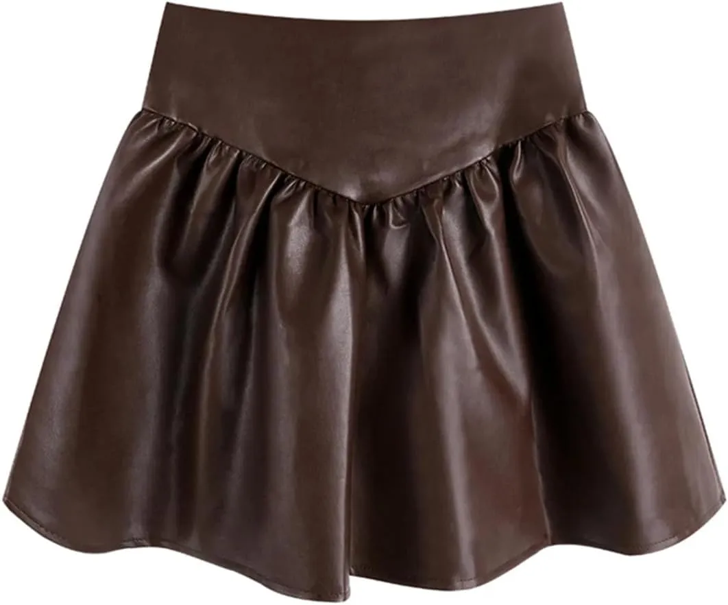 Women Mini Pleated Black Brown Soft Pu Leather Skirt High Waist Preppy Style A Line Faux Leather Skirts