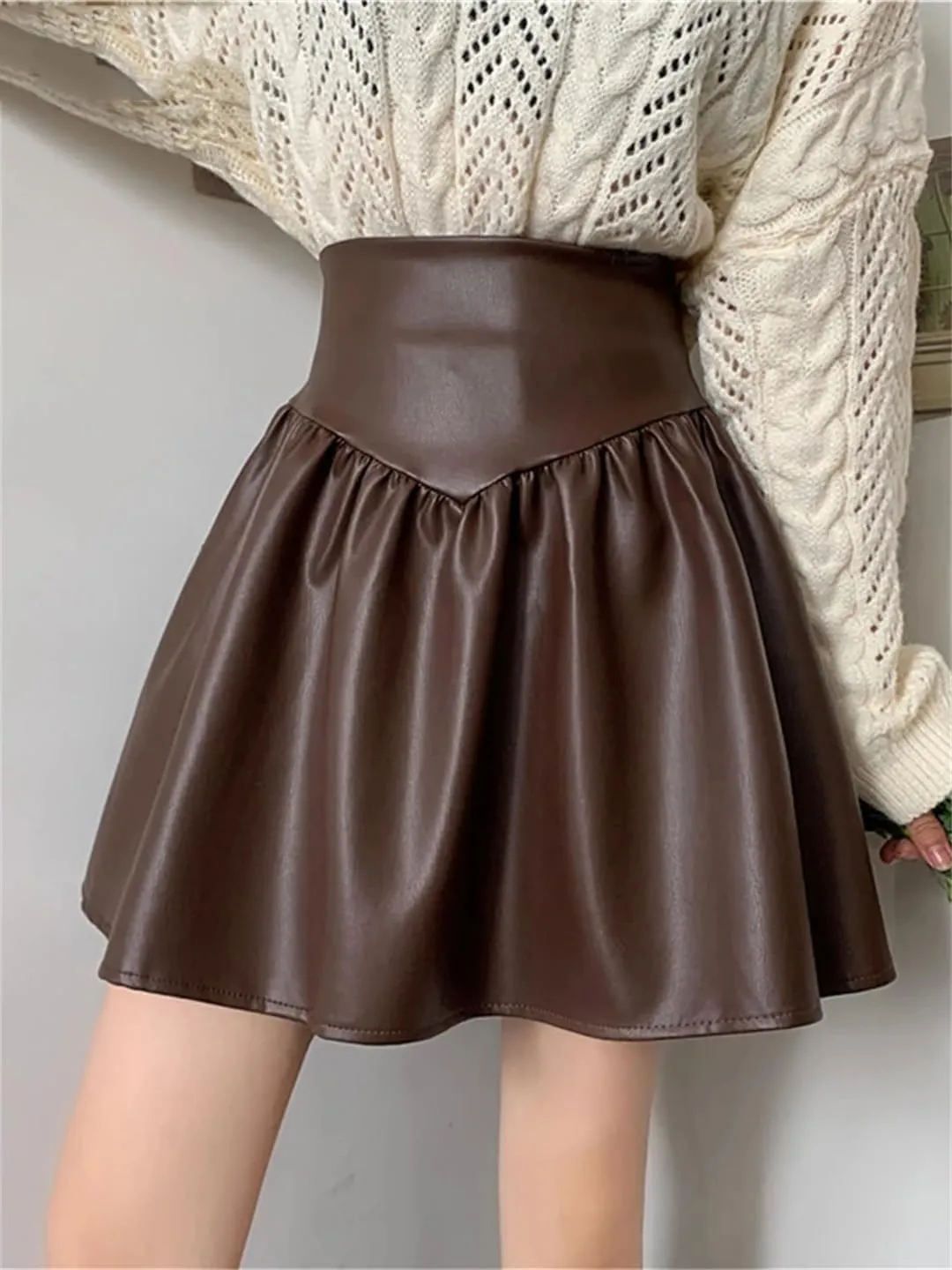 Women Mini Pleated Black Brown Soft Pu Leather Skirt High Waist Preppy Style A Line Faux Leather Skirts